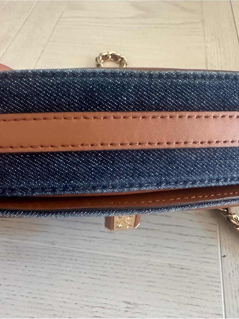 Michael Kors Navy Denim and Brown Leather-Trim Crossbody with Gold Chain - Picture 8 of 16